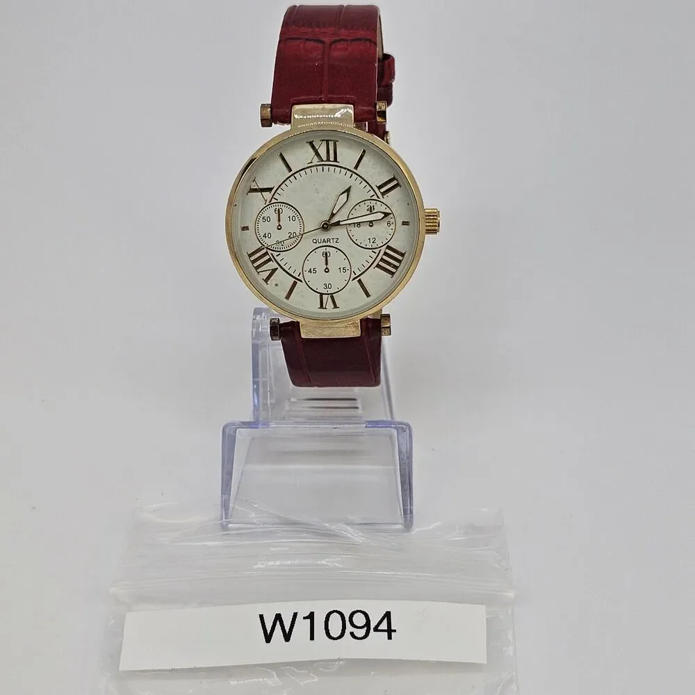 Women's Watch 38MM Cream Dial Roman‎ Numerals Red Faux Leather Bands New Battery